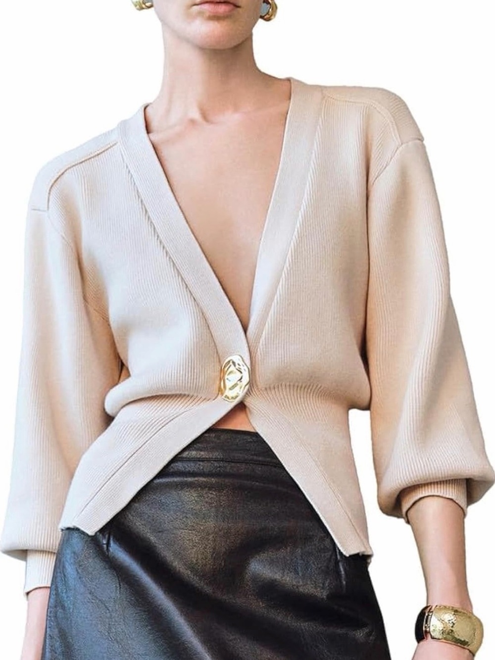 Urban Revivo V-Neck Knitted Cardigan in nude/beige•Gold Hammered Metal Accent•XS